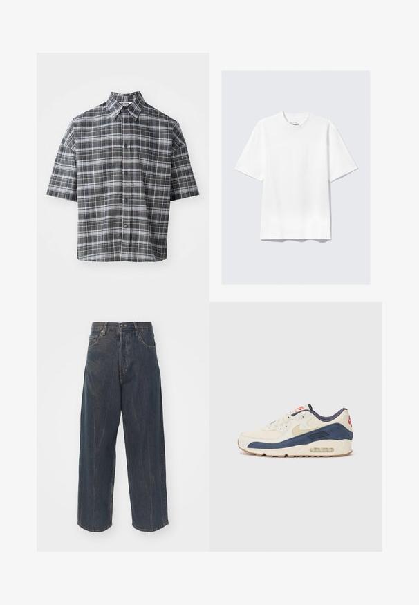 Koszulka z krótkim rękawem zapinana na guziki w czarno-szary kratę. Posiada skośny kołnierz oraz zapięcie z przodu na czarne guziki.; Płaska biała koszulka z krótkim rękawem o luźnym kroju położona na jasnoszarym tle.; Szerokie, ciemnoniebieskie dżinsy z subtelnym efektem przetarcia, pięć kieszeni oraz klasyczne zapięcie na guzik i zamek błyskawiczny w talii.; Sneakers z górą z kremowej skóry i granatowego zamszu, z widoczną podeszwą powietrzną, beżową gumową podeszwą i czerwonym akcentem na pięcie.