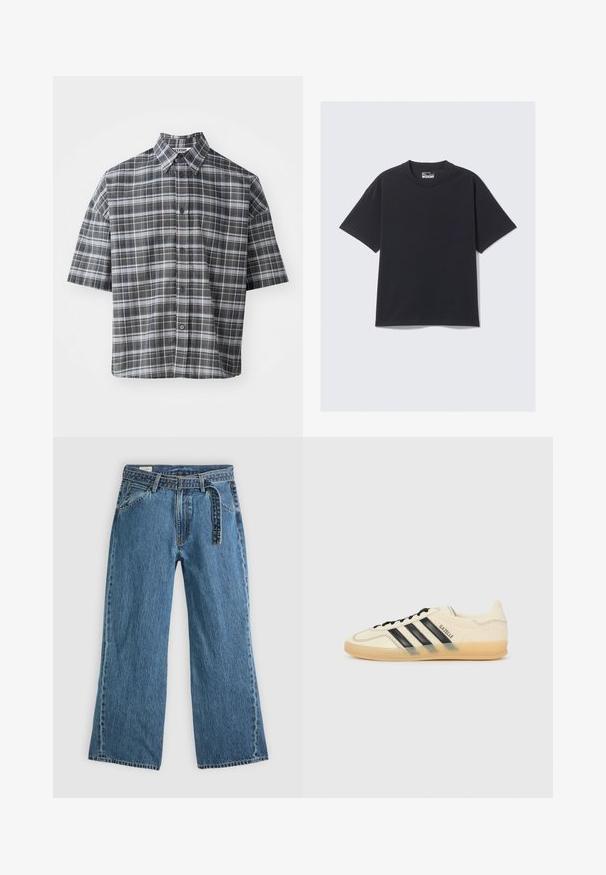 Kortermet skjorte med knapper i svart og grå rutemønster. Har spiss krage og frontlukking med svarte knapper.; Svart bomull T-skjorte med klassisk rund hals, korte ermer, og en avslappet passform. Glatt tekstur med minimale stikking detaljer.; Lyse blå denim brede bukser med festet belte, frontlommer og synlig søm på en enkel lys bakgrunn.; Lys kremfarget sneaker med svart tre-stripes design, teksturert overdel, rund tå og gummisåle. Har snøring og merke på siden.