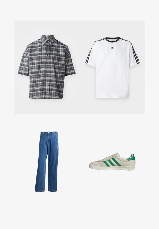 Kurzarmpoloshirt mit einem schwarz-grauen Karomuster. Verfügt über einen spitzen Kragen und eine vordere Knopfleiste mit schwarzen Knöpfen.; Weißes T-Shirt aus Baumwolle mit einem schwarzen, runden Halsausschnitt und drei schwarzen Streifen auf jeder Schulter. Kleines schwarzes Logo auf der Brust.; Blaue hohe, weite Jeans mit Fronttaschen, Gürtelschlaufen, Knopfverschluss und kleinem Adidas-Logo am rechten Oberschenkel.; Beige Sneaker mit grünen Streifen, ausgestattet mit einer weißen Sohle und einem Obermaterial aus glattem Leder. Seitenansicht, die die Schnürdetails und das Logo hervorhebt.