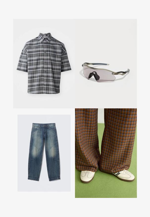 Cămașă cu mâneci scurte, cu nasturi, într-un model de carouri alb-negru. Oferă un guler ascuțit și închidere frontală cu nasturi negri.; Blugi din denim decolorat albastru, cu buzunare frontale, bucle pentru curea și cusături decorative pe coapse și genunchi, întinși pe un fond alb.; Pantaloni largi cu carouri maro și albastru, asociați cu pantofi albi cu accente negre și tălpi texturate, împotriva unui fundal verde.; Ochelari de soare cu un cadru gri translucid, lentile colorate și un design unghiular. Au o piesă nazală distinctivă și brațe temple texturate de culoare gri închis.