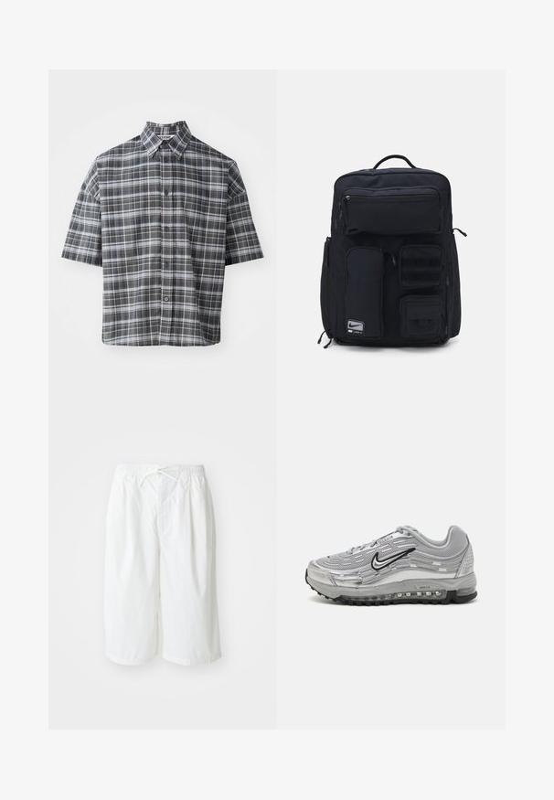 Koszulka z krótkim rękawem zapinana na guziki w czarno-szary kratę. Posiada skośny kołnierz oraz zapięcie z przodu na czarne guziki.; Białe szorty z elastycznym paskiem i sznurkiem, prezentowane na jednolitym jasnym tle. Odpowiednie do noszenia w casualowych stylizacjach lub w ciepłe dni.; Szare sneakersy Nike Air Max z siateczkowym i syntetycznym wierzchem, falistym wzorem, czarnymi akcentami oraz widoczną jednostką poduszkową powietrza.; Czarna plecak wykonany z trwałego materiału. Posiada wiele kieszeni na zamek, w tym przednią komorę oraz obszary z rzepem do przymocowania dodatków.