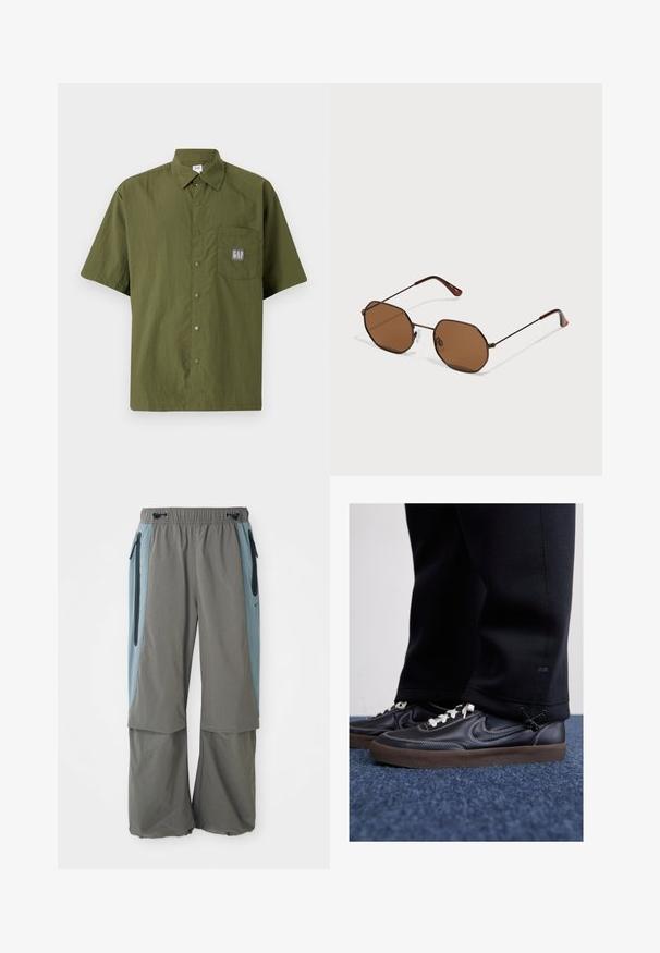 Olíva zöld anyagból készült rövid ujjú ing, gombos gallérral, elöl egy mellzsebbel, amelyen egy szürke GAP logó folt található.; Szürke, széles szárú kültéri nadrág, sötétkék oldalsó betétekkel és cipzáras zsebekkel. Könnyű, lélegző anyagból készült.; Nike Sportswear KILLSHOT 2 LTR PRM OPP2 - Sportcipő - black sail baroque brown mtlc dk grey; Barna, nyolcszögletű napszemüveg vékony, sötét fém kerettel, állítható orrpárnákkal és barna tónusú lencsékkel; a szárak narancssárga kiegészítést tartalmaznak.