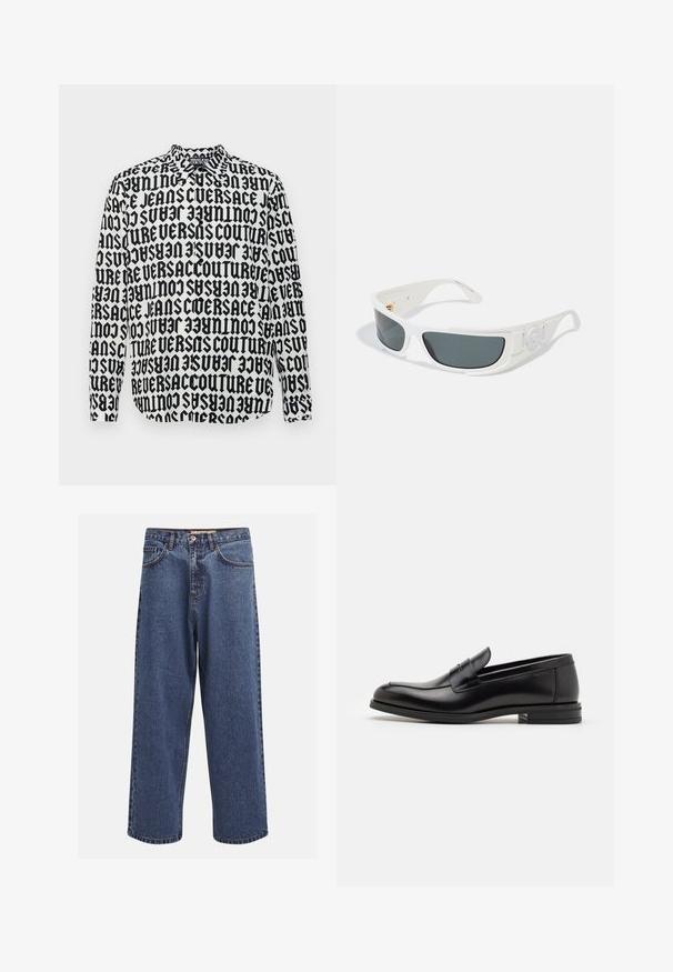 Košeľa s dlhým rukávom s čierno-bielym grafickým dizajnom a opakujúcim sa textom "VERSACE JEANS COUTURE" v tučnom písme. Golier s gombíkmi.; Džínsy s širšími nohavicami v modrej farbe s vyblednutým povrchom, s našitými gombíkmi, piatimi vreckami a kontrastným prešívaním na švoch.; Čierne kožené mokasíny s hladkou textúrou, zaoblenou špičkou a dekoračným pásikom cez priehlavok. Nízky vrstvený opätok, minimalistický dizajn.; Biele slnečné okuliare so šedými šošovkami, obdĺžnikový tvar a textúrované akcenty na boku. Obsahujú zlaté kovové detaily.