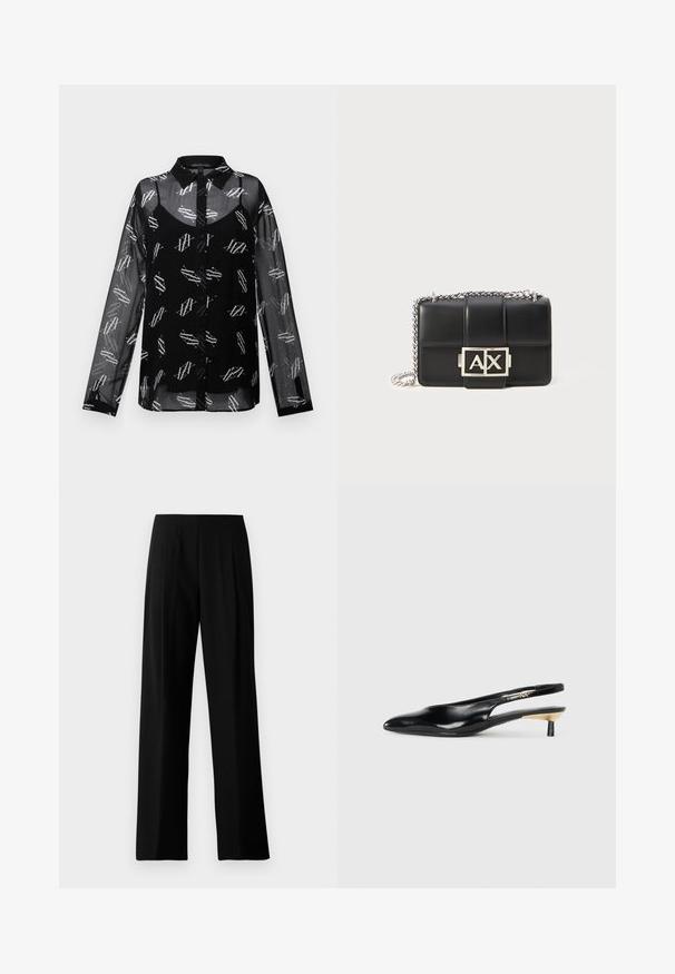 Armani Exchange CAMICIA - Camicetta - black; Pantaloni neri a gamba larga realizzati in tessuto liscio, con una vita piatta e pieghe frontali per un aspetto curato. Senza hardware o motivi visibili.; Pump slingback neri con punta affusolata, finitura in pelle lucida e tacco piccolo con accento dorato. Design elegante con schienale aperto.; Borsa a tracolla in pelle nera con design trapuntato, tracolla in catena argentata e un prominente logo argentato "AX" sulla parte anteriore. Forma rettangolare compatta.