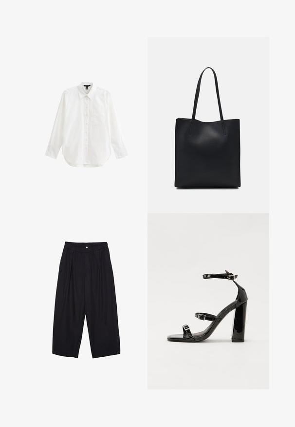 White long-sleeve shirt made of cotton, featuring a button-down front, collar, single chest pocket, and rounded hem. Smooth texture.; Black polyester culotte pants with an elastic waistband, two front pleats, and a loose silhouette. No visible patterns or hardware details.; Black patent heeled sandals with a square toe, ankle straps, and silver buckles. Features a chunky block heel for stability.; Black leather tote bag with smooth texture, rectangular shape, and two long handles. No visible hardware or embellishments.