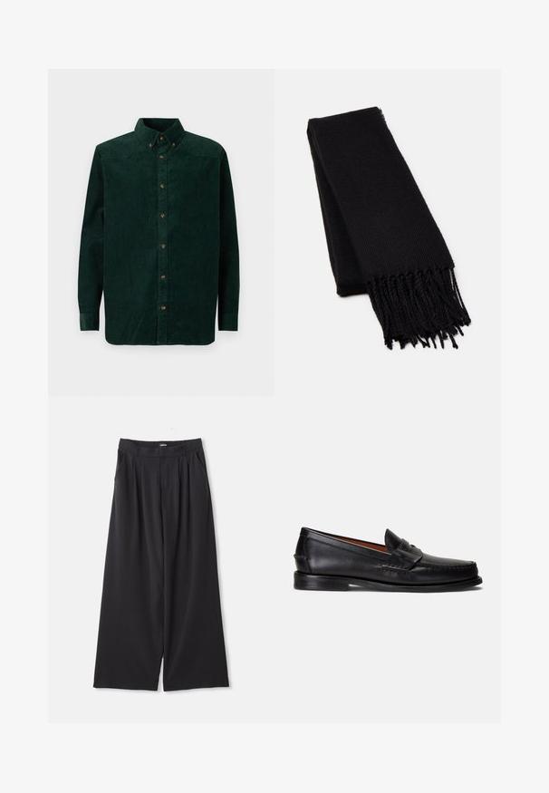 Camisa de pana verde oscuro con collar abotonado, mangas largas y botones en la parte delantera. Presenta una textura de canalé vertical y detalles en el yugo puntiagudos.; Pantalones de pierna ancha negros con plisados, ansias para cinturón y bolsillos laterales, dispuestos planos sobre un fondo blanco.; Mocasines de cuero negro con acabado liso, punta redondeada y una banda decorativa en la parte superior. Presentan una suela baja negra.; Bufanda negra hecha de una tela suave y texturizada. Presenta bordes deshilachados y una forma rectangular, adecuada para llevar alrededor del cuello.
