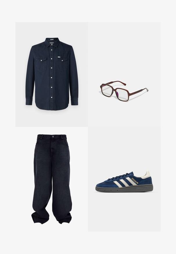 Tume sinine denimist särk pika varrukaga, terava krae, kahe rinnatasku ja valge nuppude kinnitusega. Omab kontrastseid õmbluse detaile.; Mustad laiad denim püksid sujuva tekstuuriga, viie tasku ja nupuga sulgemisega. Omavad mugavat lõiget ja kitsenevat allääre.; Tumesuede sneakers valgete triipudega, kuldse "Spezial" detailiga, hall tekstureeritud tallaga, ümarate varvastega ja sobivate südamepaeltega. Klassikaline disain.; Pruunid, ristkülikukujulised prilliraamid, millel on läbipaistvad läätsed ja lillakad tooni. Sile plastikraam otste kaared ja peente aksenditega.