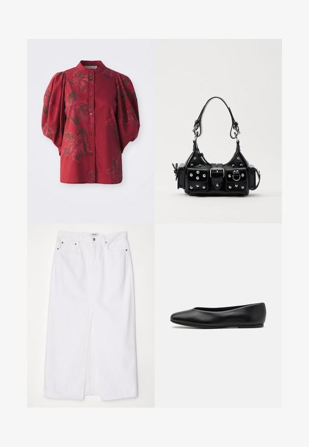 Burgundijas blūze ar noapaļotu apkakli, pogu priekšpusi un pūkainām piedurknēm. Satur ziedu rakstu tumšākās krāsās un maigu kokvilnas tekstūru.; Bala balta denima svārki ar priekšējo šķelšanos, piecu kabatu dizainu, metāla pogu un rāvējslēdzēja aizdari, kā arī izšūti apakšmala akcenti.; Paul Smith TOPANGA - Balerīnas laiviņas - black; Melnas ādas rokturmais ar izliekumu, ar sudraba iedurtiem, sprādzi un divām sānu kabatām. Regulējams siksniņas garums dažādām nēsāšanas iespējām.