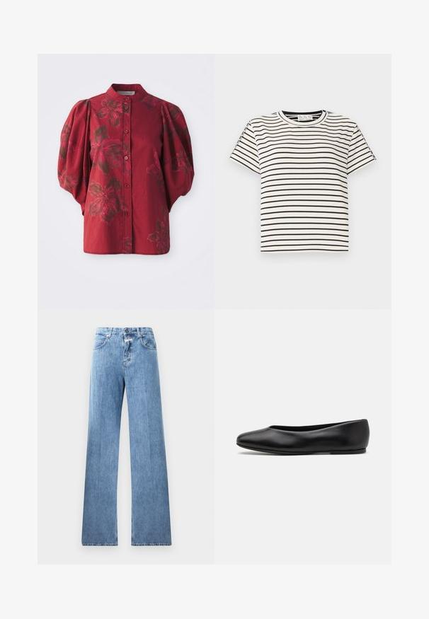 Burgunderfarbene Bluse mit einem runden Kragen, Knopfleiste und Puffärmeln. Sie verfügt über ein florales Muster in dunkleren Farbtönen und einer weichen Baumwolltextur.; Kurzarm-T-Shirt aus Baumwolle mit Rundhalsausschnitt, das auf einem weißen Hintergrund schwarze vertikale Streifen und einen geraden Schnitt aufweist.; Hellblaue Jeans aus Denim mit weitem Bein, fünf Taschen, Gürtelschlaufen und einem Knopfverschluss. Der Stoff hat eine glatte Textur.; Paul Smith TOPANGA - Klassischer Ballerina - black
