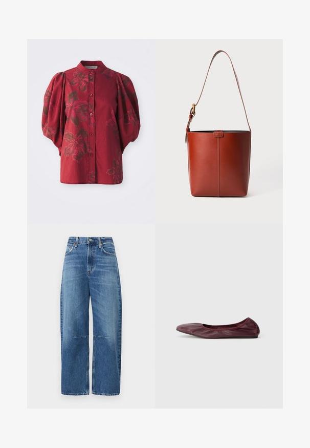 Bordo bluzica z okroglim ovratnikom, sprednjim zapenjanjem z gumbi in naborki na rokavih. Ima cvetlični vzorec v temnejših odtenkih ter mehak bombažni tekstil.; Široke jeans hlače iz modrega denima, ki imajo visok pas, klasičen pet-pocket dizajn in vidne ojačane šive ob šivih.; Balerinke v temno burgundski usnjeni barvi, z zaobljenim nosom, elastičnim robom in gladko teksturo z diskretnimi gubami.; Rjava usnjena torba v obliki vedra z nastavljivim ramenskim trakom in zlatim sponko, preprosta navpična šivna podrobnost spredaj.