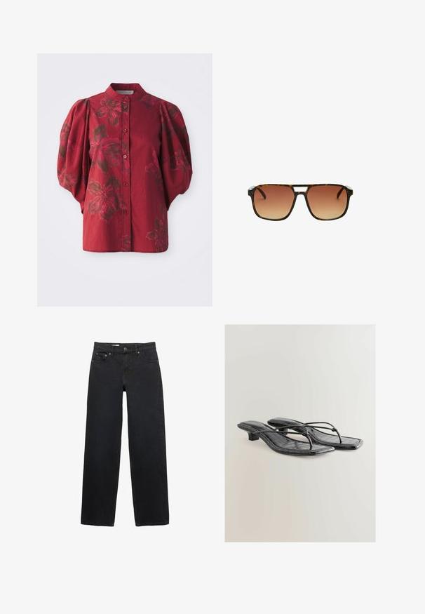 Burgundin paita, jossa on pyöreä kaulus, nappikiinnitys ja puffihihat. Kankaassa on kukkakuosi tummemmissa sävyissä ja pehmeä puuvillatekstuuri.; Mustat leveät farkut denimistä, joissa on viisi taskua, nappikiinnitys, hillitty ompelu ja suora leikkaus vyötäröstä helmaan.; Musta patentoitu keinonahkainen korolliset sandaalit, joissa on neliön muotoinen kärki, ohuet hihnat ja krokotiilikuosiset yksityiskohdat. Matala lohkokorko.; Sunglasses dengan motif kura-kura dengan bingkai persegi panjang, lensa gradasi coklat, dan aksen perak yang khas di jembatan.; Mustat nahkaa oleva käsilaukku, jossa on teksturoitu pinta, kaksi yläkahvaa, irrotettava olkahihna ja hopeinen solk yksityiskohta.