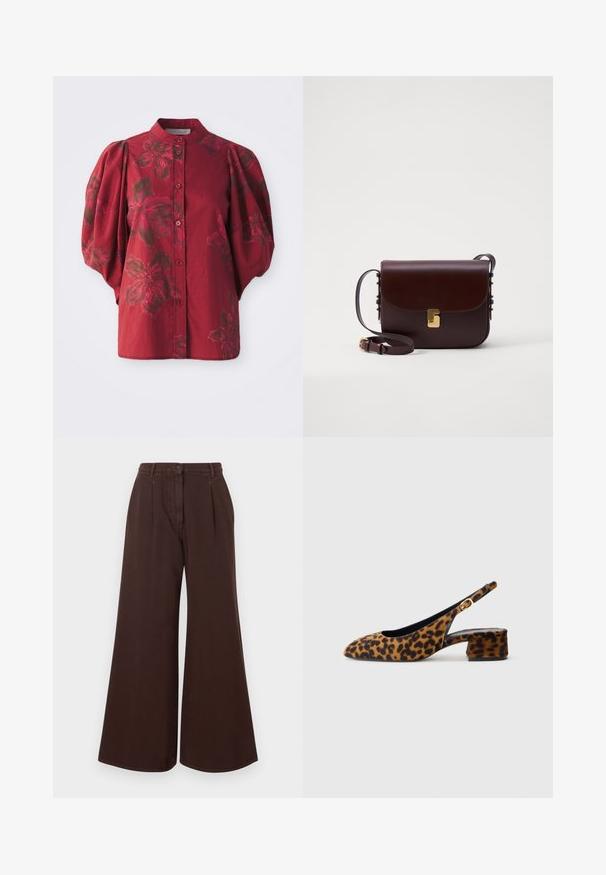 Burgundy blouse with a rounded collar, button front, and puff sleeves. Features a floral pattern in darker hues and soft cotton texture.; High-waist wide-leg brown pants with button and zipper closure, belt loops, and front pleats.; Women's leopard print slingback shoe with low block heel and gold buckle on side strap, shown in side profile on plain background.; Brown leather bag with a flap closure, gold accent hardware, and an adjustable strap. Features a smooth texture and a sleek rectangular shape.
