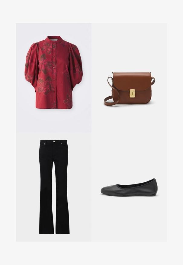 Burgunderfarbene Bluse mit einem runden Kragen, Knopfleiste und Puffärmeln. Sie verfügt über ein florales Muster in dunkleren Farbtönen und einer weichen Baumwolltextur.; Schwarze, ausgestellte Jeans aus Denim, ausgestattet mit zwei Fronttaschen, einem Knopfverschluss und einer glatten Oberfläche. Signatur-Nähte an den Nähten sichtbar.; Schwarze Leder-Ballettschuhe mit abgerundeter Spitze, glatter Textur, minimalen Nähdetails und einem flexiblen Sohlen-Design.; Braune Ledertasche mit Klappenverschluss, Beschlägen in Goldfarbe, einem Schultergurt und einer glatten Oberfläche. Kompakte rechteckige Form.