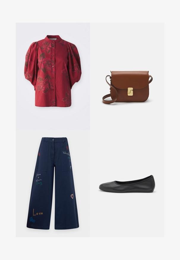 Bordo bluzica s okruglim ovratnikom, gumbima sprijeda i napučenim rukavima. Ima cvjetni uzorak u tamnijim nijansama i mekanu pamučnu teksturu.; Mornarski plavi hlače širokih nogavica od pamuka s više džepova. Sadrži šareni izvezeni tekst i grafiku, uključujući srca i razigrane fraze.; Crne kožne baletanke s zaobljenim vrhom, glatke teksture, minimalnim detaljima šavova i fleksibilnim dizajnom potplata.; Smeđa kožna torba s preklopom, zlatnim detaljima, remenom za nošenje preko ramena i glatkom teksturom. Kompaktni pravokutni oblik.