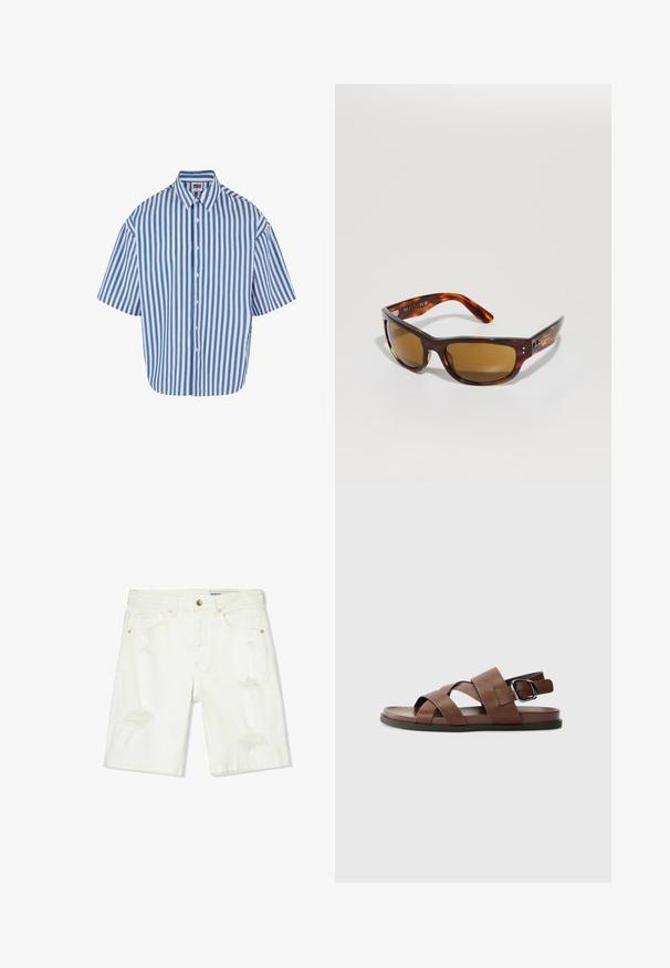 Košeľa na gombíky s krátkym rukávom, ktorá má modro-biele vertikálne pruhy, klasický golier a voľný strih so rovnou zakončovacou líniou.; Biele deninové šortky s midi pásom, so zničenými detailmi, piatimi vreckami a medeným kovaním. Hladká textúra s voľným strihom.; Hnedé kožené sandále s krížovými popruhmi, nastaviteľnou sponou, plochou podrážkou a hladkou textúrou. Minimalistický dizajn v neutrálnej farbe.; Slnečné okuliare s rôznofarebnou tortuóznou potlačou a hnedými šošovkami. Elegantný obdĺžnikový rám, hladká textúra, jemné logo na boku a zakrivené ramená pre pohodlie.