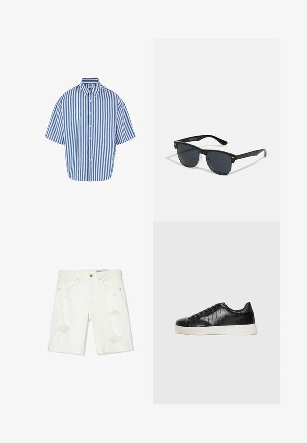 Kratka majica s dugim rukavima, s plavim i bijelim vertikalnim prugama, klasičnom kragnom i opuštenim krojem s ravnim donjim rubom.; Bijeli traper šortsi s srednjim strukom, istrošenim detaljima, pet džepova i bakrenim hardverom. Glatka tekstura s ležernim krojem.; Crne tenisice s teksturiranom gornjom površinom od kože s uzorkom krokodila, zaobljenim vrhom i kontrastnom bijelom gumenom potplatom s glatkom završnom obradom.; Crne sunčane naočale pravokutnog oblika, tamne leće, srebrni detalji na sljepoočnicama i matirajuća završna obrada okvira.