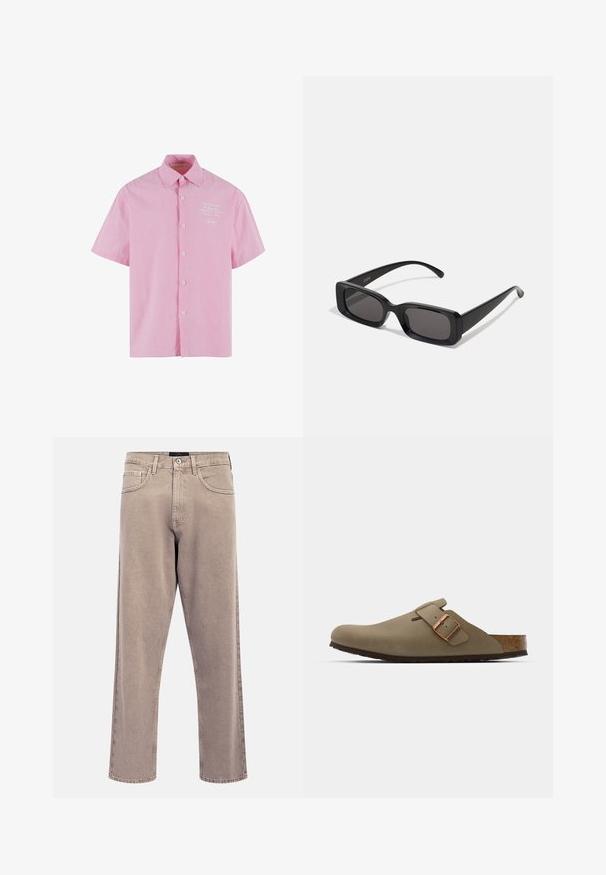 Rövid ujjú, galléros ing világos rózsaszín alapon fehér függőleges csíkokkal. Gombos eleje és hímzett részlet található a mellrészen.; Fehér, rövid ujjú póló, pamutból készült, kerek nyakkivágással és laza, egyenes szabással. Nincsenek minták vagy díszítések.; Világos bézs egyenes szárú farmer, enyhén kifakult textúrával, ötpántos kialakítással és fém gombos záródással. Kiemelkedő varrási részletek.; Barna klumpák sima, matt felülettel. Az oldalon egy kiemelkedő bronz csat található. Parafa talpbetét és gumi talp a kényelem érdekében.; Fekete, téglalap alakú napszemüveg sötét lencsékkel, fényes felülettel, széles szárakkal és masszív keret designnal. Az egyik szárra gravírozott márkanevével.