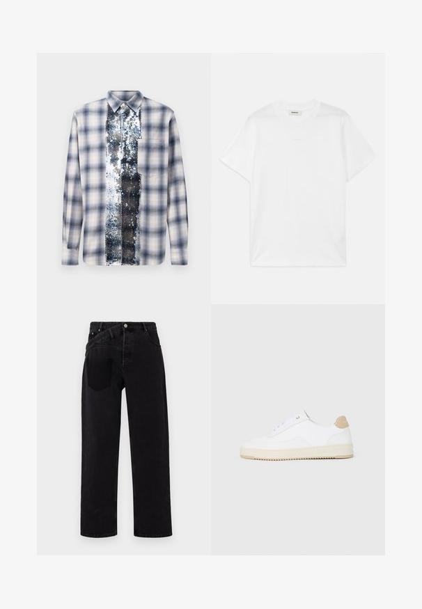 Ilgų rankovių mėlyna ir balta languota marškinėliai su centriniu vertikaliu sidabro blizgučių pane ir nuo apykaklės iki hem.; Balta medvilninė marškinėlių su apvaliu kaklu, trumpomis rankovėmis ir subtiliu logotipu, spausdintu priekyje. Lygus paviršius ir paprastas dizainas.; Juodos džinsinės kelnės tiesaus kirpimo, su priekiu užsegamu mygtuku, penkių kišenių stiliumi ir viena gale kišenė dešinėje pusėje.; Baltos žemos sportbačiai su tekstūruota odine viršutinė dalimi, kreminė banguota priekiu ir ruda kulno akcentu. Yra baltos raištelės ir logotipas ant kulno.