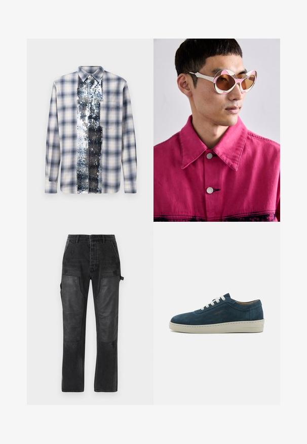 Ilgų rankovių mėlyna ir balta languota marškinėliai su centriniu vertikaliu sidabro blizgučių pane ir nuo apykaklės iki hem.; Juodi džinsai su kontrastingomis juodomis odinėmis detalėmis, tiesaus kirpimo dizainas ir subtilūs dėvėjimo ženklai ant medžiagos.; Mėlyni zomšiniai sportbačiai su suapvalintu priekiu, baltais raišteliais ir guminėmis padais. Yra subtilių siuvinėjimų ir ženklas ant šono.; Balti ir rožinės spalvos per didelės saulės akinių su kreivais rėmeliais, turinčiais rudus tonuotus objektyvus. Modelis vilki rožinės spalvos džinsinį švarką su apykakle.