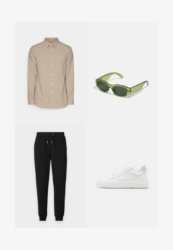 Brązowa koszula z guzikami, ozdobiona małym białym geometrycznym wzorem, z długimi rękawami i prostym kołnierzykiem. Posiada zaokrąglony dół i standardowe zapięcie na guziki.; Czarne dresy z elastycznym paskiem w talii, regulowanym sznurkiem, kieszeniami bocznymi i zwężanymi nogawkami. Wykonane z miękkiego, elastycznego materiału.; Białe skórzane trampki o gładkim wykończeniu, zaokrąglonym nosku, płaskich sznurówkach i teksturowanej podeszwie. Szary zamszowy akcent na pięcie.; Zielone, przezroczyste okulary przeciwsłoneczne o prostokątnym kształcie, ciemnozielone soczewki i akcent z logo po boku. Gładka tekstura i nowoczesny design.