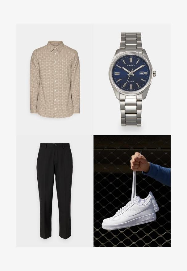 Brun skjorte med knapper og et lille hvidt geometrisk mønster, lange ærmer og spids krave. Har en buet kant og standard knaplukning.; Sorte bukser lavet af glat stof, med lige ben design, forlommer, en enkelt knaplukning, og uden synlige mønstre.; Hvide lædersneakers med perforeringer, rund tå, flad sål og tykke snørebånd, med et synligt swoosh-logo og "AIR" på hælen.; Sølv rustfrit stål urrem med en marineblå urskive, metallic timemarkører og et datovindue kl. 3. Vandafvisende op til 50 meter.