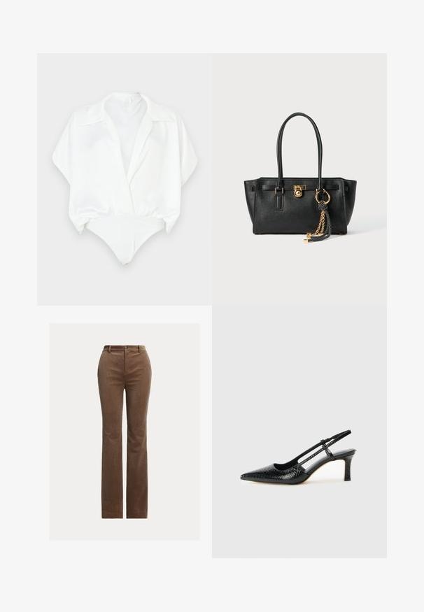 Bílé body s krátkými, širokými rukávy, límečkem a přiléhavým spodkem. Hladký, lesklý materiál s minimalistickým designem.; Hnědé kordové kalhoty s rovnými nohavicemi, které mají poutka na opasek, přední kapsy a jemné vertikální žebrování pro texturu.; Černé lakované slingback podpatky s špičatou špičkou, zdobené texturovaným hadím vzorem, nastavovacím páskem a krátkým texturovaným blokovým podpatkem.; Černá kožená kabelka s dvojitými uchy, zlatým zámkem a řetízkem, a černo-bílým třásňovým doplňkem na bílém pozadí.