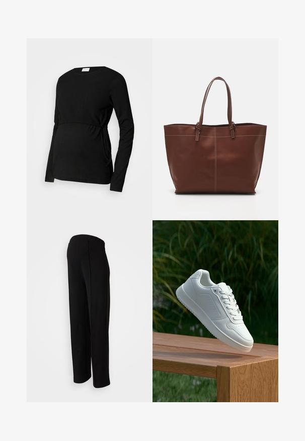 Juodas ilgomis rankovėmis nėščiųjų marškinėlis, pagamintas iš tekstūruotos medžiagos. Sukurta su surištu liemeniu ir šoninėmis raištelėmis, leidžiančiomis reguliuoti dydį.; Juodos, aukštu juosmeniu kelnės su tiesiu fasonu, turinčios lygų paviršių ir be matomų užsegimų, akcentuotos šoninių siūlių detalėmis.; Balti sneakeriai su lygia sintetine viršutine dalimi, perforuota pirštų zona, plokščiomis raištelėmis ir tekstūruotu padu, padėti ant medinės paviršiaus.; Ruda odinės rankinės su dviem rankenomis, pasižymi kontrastingomis siūlėmis ir erdviu dizainu, tinkama kasdieniam naudojimui.; Sidabriniai lankelio formos auskarai su lygiu, blizgiu paviršiumi, išlenktos formos ir su užsegimu. Minimalistinio dizaino su moderniu apdaila.