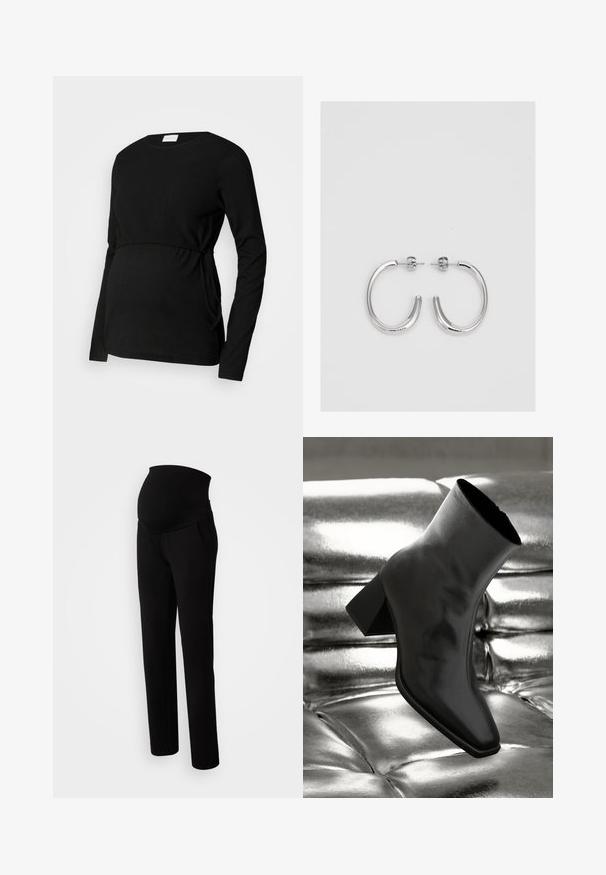 Črna dolgosleeve materinska majica iz teksturirane tkanine. Ima zategnjen pas in stranske vrvice za prilagodljivo prileganje.; Maternitetne hlače v črni barvi, z raztegljivim pasom za udobje, stranskimi žepi, ravnim krojem in mehak teksturiran material.; Črne gležnjarje iz sijočega materiala s kvadratnim prstom in zoženim peto, postavljene na sijoče srebrno oblazinjeno ozadje.; Srebrne obročaste uhane z gladko, sijočo površino. Zaobljena oblika, lahka zasnova, z zapiranjem na zatič.
