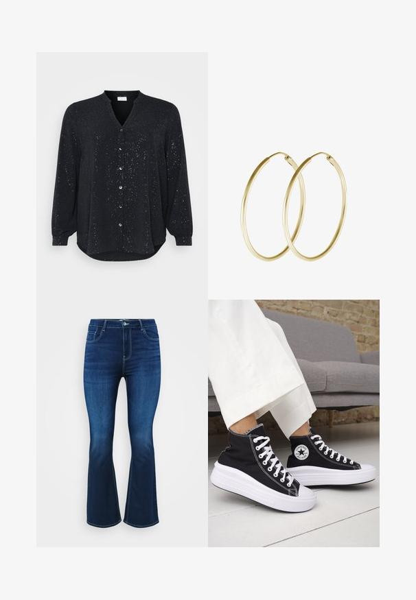 Maglietta nera a maniche lunghe con scollo a V, caratterizzata da spruzzi argentati, chiusura frontale con bottoni e orlo arrotondato, realizzata in tessuto morbido.; Jeans svasati blu scuro in denim, con design a cinque tasche, zip frontale con bottone e cuciture a contrasto lungo le cuciture.; Sneakers nere alte con suole e lacci in gomma bianca. Presentano una toppa con logo rotondo e cuciture a contrasto bianche. Materiale in tela.; Orecchini a cerchio in oro con un design liscio e arrotondato e una finitura lucida. Costruzione leggera con chiusura a scatto sicura.