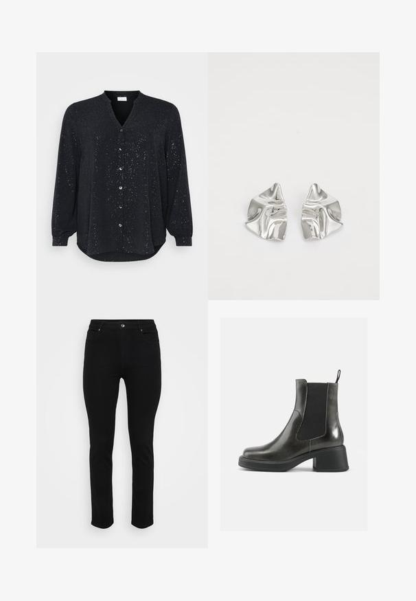 Černá košile s dlouhým rukávem a V-výstřihem, zdobená stříbrnými tečkami, s předním zapínáním na knoflíky a zakřiveným lemem, vyrobená z jemného materiálu.; Černé džíny z denimu s úzkým střihem, designem pěti kapes, předním zapínáním na knoflík a mírným strečovým efektem pro pohodlí. Hladký, plochý povrch s minimálním zdobením.; Černé kožené kotníkové boty s hladkým povrchem, elastickými bočními panely a masivním podpatkem. Obsahují poutko pro snadnější nazouvání.; Stříbrné kovové náušnice s vlnitým, sochařským designem s leštěným povrchem a nepravidelnými tvary, které zdůrazňují moderní estetiku.