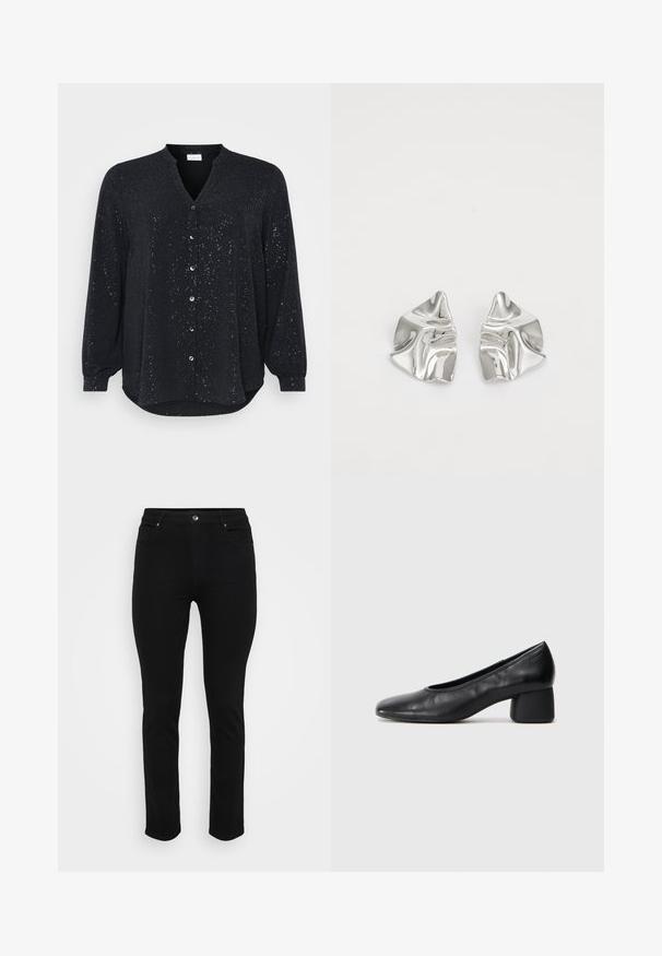 Černá košile s dlouhým rukávem a V-výstřihem, zdobená stříbrnými tečkami, s předním zapínáním na knoflíky a zakřiveným lemem, vyrobená z jemného materiálu.; Černé džíny z denimu s úzkým střihem, designem pěti kapes, předním zapínáním na knoflík a mírným strečovým efektem pro pohodlí. Hladký, plochý povrch s minimálním zdobením.; Černé kožené lodičky s kulatou špičkou a středním blokovým podpatkem. Hladký povrch s minimálním zdobením, s jemným elastickým otvorem.; Stříbrné kovové náušnice s vlnitým, sochařským designem s leštěným povrchem a nepravidelnými tvary, které zdůrazňují moderní estetiku.