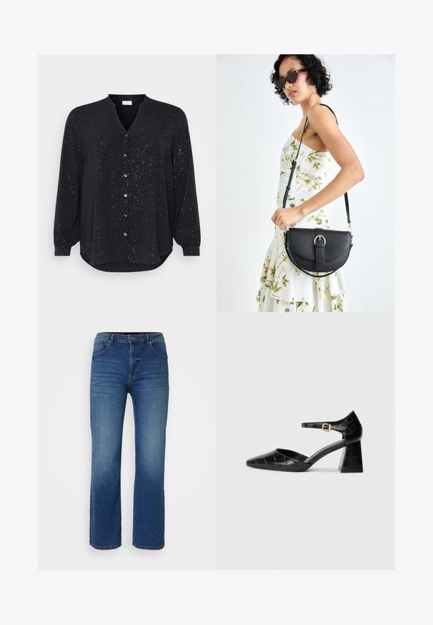 Svart langermet skjorte med V-hals, prydet med sølvflekker, knappelukking foran og buet kant, laget av myk stoff.; Mørkeblå denimjeans med rett ben-design, fem lommer og knapp og glidelås. Glatt tekstur med minimal falming.; Svart lakkert høye hæler med spiss tupp, ankelstropp og teksturert krokodilleskinn-mønster. Design med firkantet blokkhæl.; Svart lærveske med en buet form, avtagbar stropp og gullbeslag. Vesken har et klaff med spenne-detall.