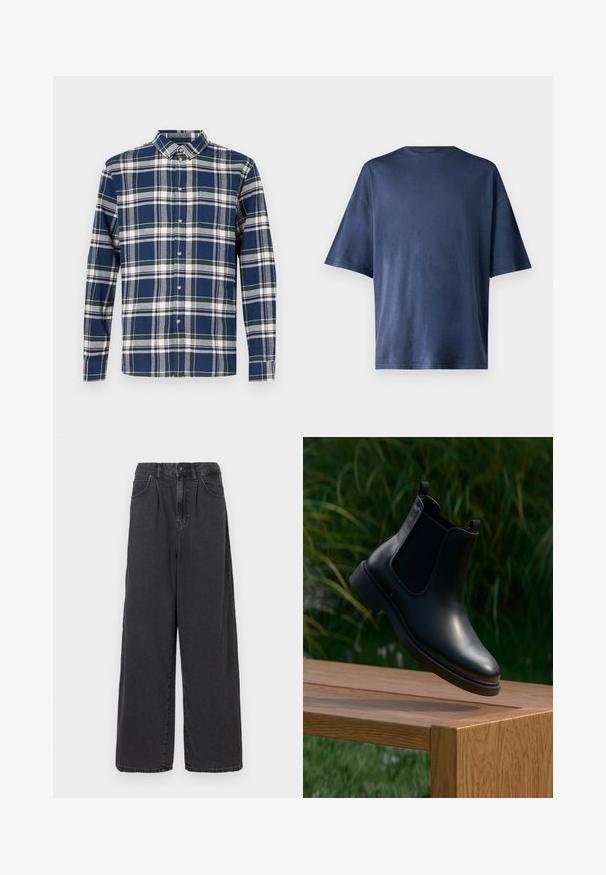 Chemise à carreaux bleu marine, vert et blanc. Manches longues, col boutonné, boutonnière à l'avant et poche poitrine gauche. Tissu en coton.; T-shirt navy bleu à manches courtes, fabriqué en tissu doux, présente un col rond classique et une coupe décontractée, sans motifs ni accents visibles.; Pantalons en denim noir à taille haute, coupe large, avec une fermeture à bouton et zip à l'avant, dotés de poches latérales et d'une texture lisse.; Bottine en cuir noir avec des panneaux latéraux en élasthanne flottant au-dessus d'un banc en bois, arrière-plan de feuillage vert.