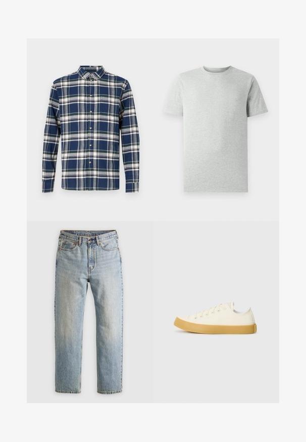 Karo košulja u mornarsko plavoj, zelenoj i bijeloj boji. Dugih rukava, s okruglim ovratnikom na gumbe, gumbima sprijeda i lijevim džepom na prsima. Pamučni materijal.; Jednobojna svijetlosiva majica kratkih rukava s okruglim izrezom prikazana na bijeloj pozadini, s prednje strane bez vidljivih logotipa ili dizajna.; Svijetloplave traperice visoki struk, prednji gumb, zatvarač i dizajn s pet džepova, položene ravno na neutralnoj pozadini.; Platnene tenisice u boji slonovače s okruglim vrhom, s bež gumenim potplatima i pet rupa za vezivanje, teksturalna površina na gornjem dijelu.