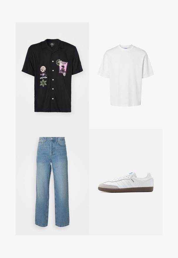 Schwarz kurzärmliges Hemd mit verschiedenen bunten Grafiken, darunter ein pinkfarbener Stempel-Design und grüne Akzente, mit Knopfverschluss vorne.; Weißes Baumwoll-T-Shirt mit kurzen Ärmeln, Rundhalsausschnitt und lässigem Schnitt. Glatte Textur ohne sichtbare Muster oder Akzente.; Hellblaue, hochtaillierte Jeans mit geraden Beinen, mit vorderem Knopfverschluss und Fünf-Taschen-Design auf schlichtem Hintergrund.; Weiße Leder Sneaker mit grauem Wildlederkapp-, drei horizontalen weißen Streifen, blauen Akzenten und brauner Gummi-Sohle. Strukturiertes Detail auf der Sohle.