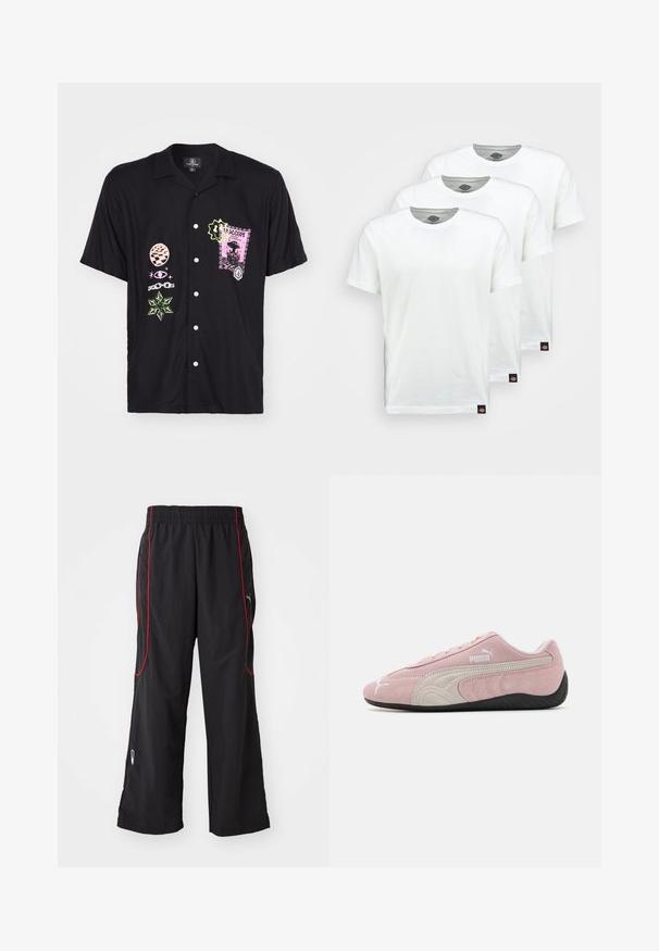 Kortermet svart skjorte med forskjellige fargede grafiske trykk, inkludert et rosa stempeldesign og grønne detaljer, med knappestolpe foran.; Tre hvite bomullst-skjorter med korte ermer. Hver skjorte har en rund hals og et lite svart logomerke på venstre side.; Sorte treningbukser med elastisk liv, rød sidepiping, glidelåslommer og løs passform. Laget av lett, teksturert materiale.; Rosa semskesneaker med grå detaljer, strømlinjeformet design, teksturert overdel og svart gummisåle. Har Puma-logo på siden.