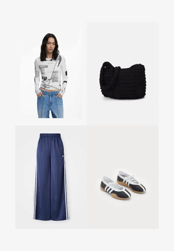 Weißes Langarmshirt mit schwarzem Grafiktext und abstrakten Drucken. Gerippte Textur, Rundhalsausschnitt und taillierte Passform. Kombiniert mit Jeans.; Navy Polohemd aus Baumwollmischung mit Kragen, drei Knöpfen und weißen Streifen an den Schultern; verfügt über ein gesticktes Logo.; Navyblaue, weit geschnittene Hose mit vertikalen weißen Streifen, elastischem Bund und drei weißen Streifen an jeder Seite, aus leichtem Material gefertigt.; Schwarz-weiße Sportschuhe mit einem eleganten Design, Gummisohle, Schnürverschluss und drei weißen Streifen an den Seiten.; Schwarze Stofftasche mit einer strukturierten, gesteppten Oberfläche. Abgerundete Form, kurze, dicke Griffe und eine weiche, flexible Struktur.