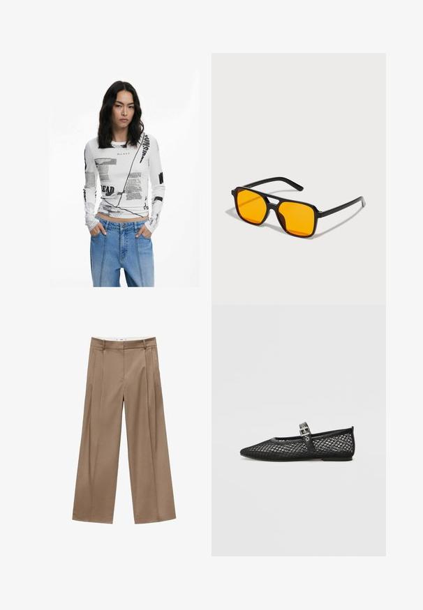 Weißes Langarmshirt mit schwarzem Grafiktext und abstrakten Drucken. Gerippte Textur, Rundhalsausschnitt und taillierte Passform. Kombiniert mit Jeans.; Weite, hochtaillierte Hosen in einem warmen Braunton, mit Vorderfalten und einem sauberen Finish, entworfen für einen stilvollen, komfortablen Sitz.; Schwarze Netzflachschuhe mit spitzem Zehenbereich, dekorativem Riemen und Schnallen-Detail. Texturiertes Obermaterial und eine glatte schwarze Sohle.; Schwarze rechteckige Sonnenbrillen mit kräftigen orangenen Gläsern. Verfügt über ein einzigartiges Brückendesign und schlanke Bügel, die aus leichtem Material gefertigt sind.; Schwarze Stofftasche mit einer strukturierten, gesteppten Oberfläche. Abgerundete Form, kurze, dicke Griffe und eine weiche, flexible Struktur.