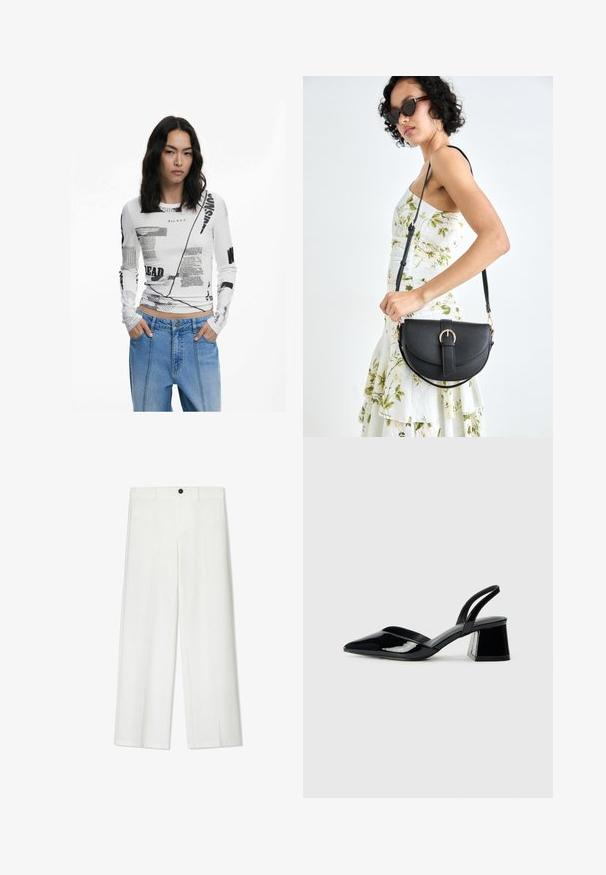 Weißes Langarmshirt mit schwarzem Grafiktext und abstrakten Drucken. Gerippte Textur, Rundhalsausschnitt und taillierte Passform. Kombiniert mit Jeans.; Weiße, weite Hosen mit glatter Textur, ausgestattet mit einem vorderen Knopfverschluss und Gürtelschlaufen, gefertigt für eine lockere Passform.; Schwarze Lackleder-Slingback-High Heels mit spitzem Schuh und einem geometrischen Blockabsatz. Verfügt über ein schlankes, minimalistisches Design und eine glatte Textur.; Schwarze Lederhandtasche mit geschwungener Form, abnehmbarem Tragegurt und goldenen Beschlägen. Die Tasche verfügt über einen Deckel mit einer Schnallen-Details.