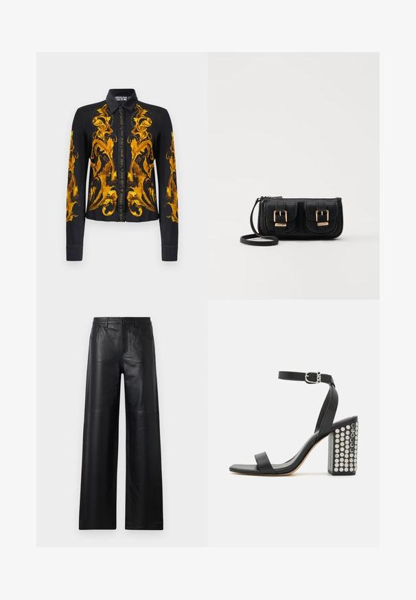 Črna srajca z dolgimi rokavi in gumbi, okrašena z zlatimi baročnimi cvetličnimi vzorci spredaj, na rokavih in ovratniku, oznaka Versace Jeans Couture.; Široke črne usnjene hlače gladke teksture, s sprednjimi žepi, gumbom za zapiranje in subtilnimi detajli šivanja.; Črne usnjene sandale s peto in zankami okoli gležnja. Imajo kvadratno konico, gladko teksturo in kvadratno blok peto, okrašeno z odličnimi srebrnimi žebljički.; Črna usnjena torbica čez ramo z dvema sprednjima žepoma, zlatimi zaponkami, zadrgo in ozkim pasom. Tekstura površine je strukturirana, obliko pa ima kompaktno pravokotno.