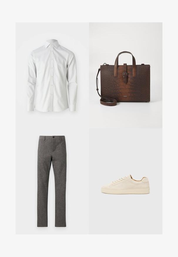 Bela dolga roka srajca z gumbi, narejena iz gladkega bombažnega blaga, s klasičnim ovratnikom in sedmimi sprednjimi gumbi. Minimalističen dizajn.; Sive hlače iz strukturirane, tkane tkanine. Prilagojen kroj z ravnim prednjim delom, zadrgo in enim gumbom za zapiranje. Brez dodatnih vidnih žepov.; Bež suède teniska z nizkim dizajnom, okroglim prstom, ravnimi čipkami in teksturirano gumijasto podplatom. Minimalističen slog brez vidnih logotipov.; Brašna iz rjave krokodilne usnjene embalaže s zgornjimi ročaji in odstranljivim ramenskim trakom. Ima zapiranje z zaponko in pravokotno obliko.
