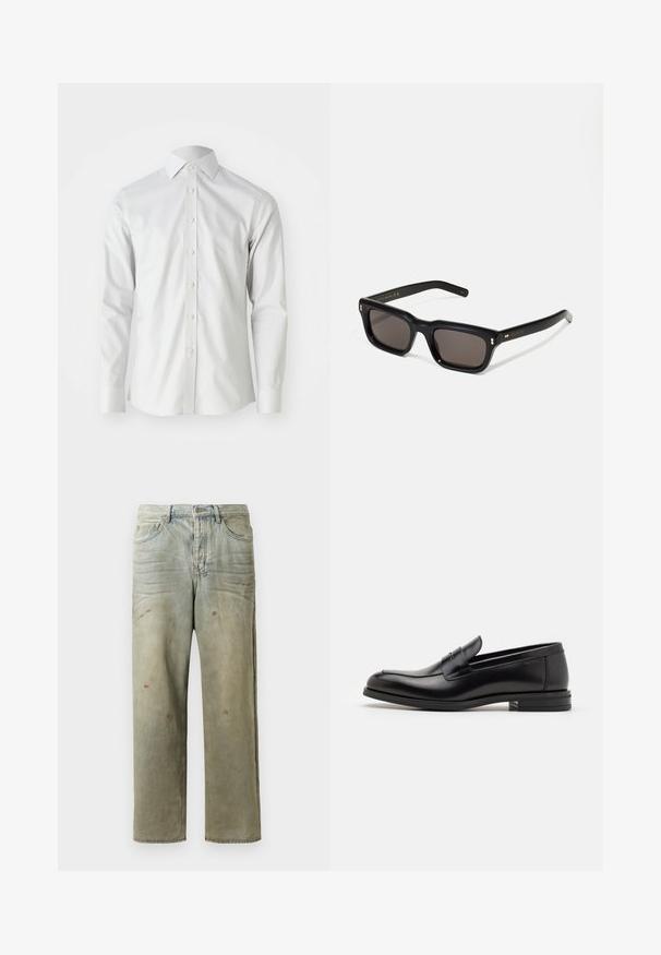 Valkoinen pitkähihainen napitettava paita, valmistettu sileästä puuvillakankaasta, perinteisellä kauluksella ja seitsemällä etunapilla. Minimalistinen muotoilu.; Vaaleanvihreät kulutetut farkut suoran lahkeen, viiden taskun muotoilun ja epätasaisen haalistumisen sekä maalikohoumiin kanssa.; Mustat nahkakengät, joissa on sileä pinta, pyöreä kärki ja koristeellinen nauha jalkapöydän yli. Matala pinoitu koroke, minimalistinen muotoilu.; Mustat suorakulmaiset aurinkolasit tummilla linsseillä, paksu muovikehys, kultaiset korostukset temppeleissä ja brändin logo kaiverrettuna varteen.