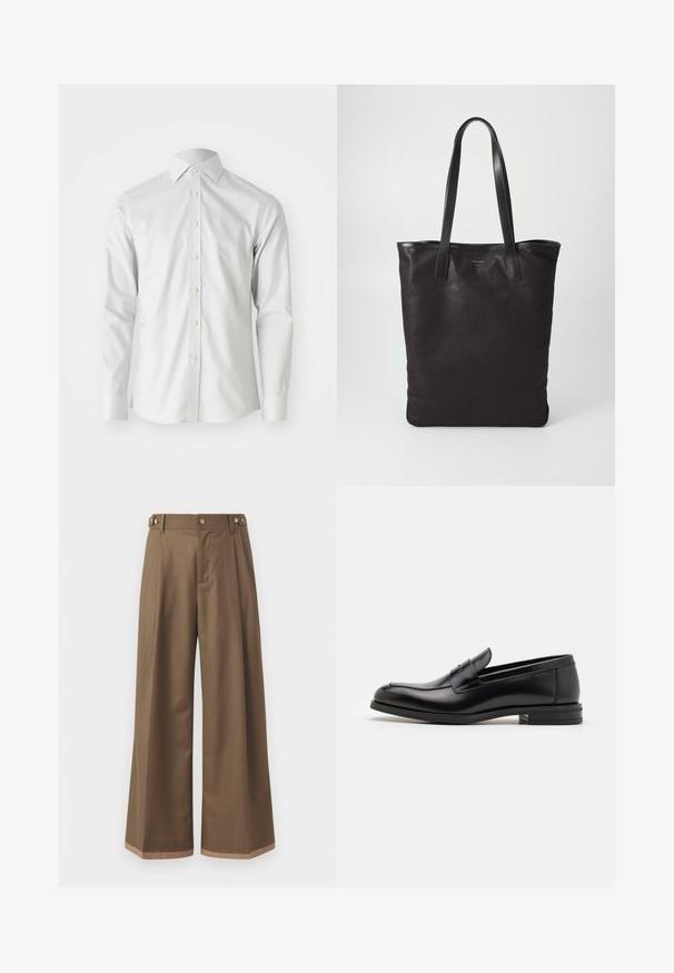 Witte langesleeve knoopshirt, gemaakt van soepel katoenen stof, met een klassieke kraag en zeven voorste knopen. Minimalistisch ontwerp.; Wijdvallende broek in een donkerbruine stof, met twee zijzakken, twee decoratieve knopen aan de voorkant en een contrasterende zoomdetail.; Zwarte leren instappers met een gladde textuur, ronde neus en een decoratieve band over de wreef. Lage, gestapelde hak en minimalistisch ontwerp.; Zwarte canvas schoudertas met zwarte leren handvaten. Eenvoudig ontwerp, ruime body en een gladde textuur. Geen zichtbare logo's of patronen.