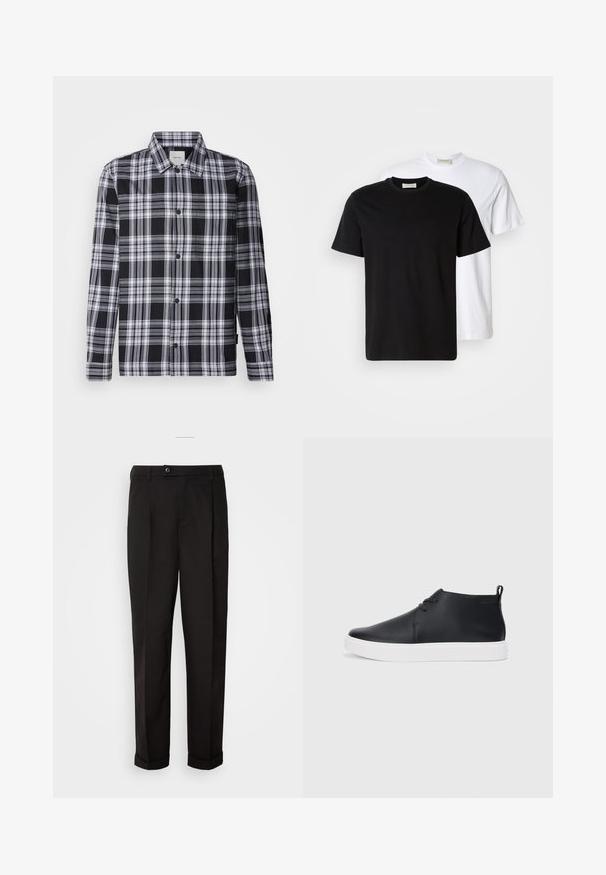 Schwarz-weiße kariertes Hemd mit langen Ärmeln, Knopf-verschluss vorne und einem klassichen Kragen. Weicher Stoff mit glatter Textur.; Zwei schlichte Baumwoll-T-Shirts, eines schwarz vor einem weißen platziert, beide mit kurzen Ärmeln und runden Halsausschnitten.; Schwarze Hose mit glatter Textur, gerade geschnitten, zwei Fronttaschen und einem einzigen Knopfverschluss an der Taille.; Schwarze Leder-Hohe Sneaker mit glatter Oberfläche, weißer Gummisohle und einfachem Schnürdesign. Verfügt über eine Zuglasche an der Rückseite.