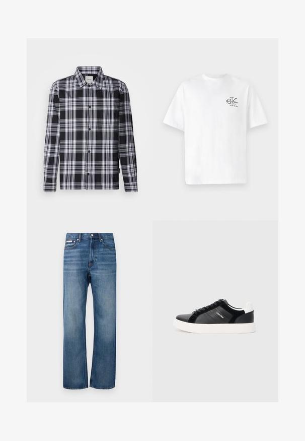 Črno-bela karirana srajca z dolgimi rokavi, z gumbi spredaj in standardnim ovratnikom. Mehka tkanina z gladko teksturo.; Bela bombažna majica s kratkimi rokavi, krožnim izrezom, s črnim CK logotipom na levi strani prsnega dela, standardne velikosti, gladke teksture.; Modri trdi jeans s ravnimi nogavicami, z rahlim bledenjem, sprednjim gumbom in malo oznako na desnem sprednjem žepu.; Črne superge z sijočim usnjem in nubuk ploščami, bele podplate in črnimi vezalkami. Imajo logo na strani in kontrastno podrobnost na peti.