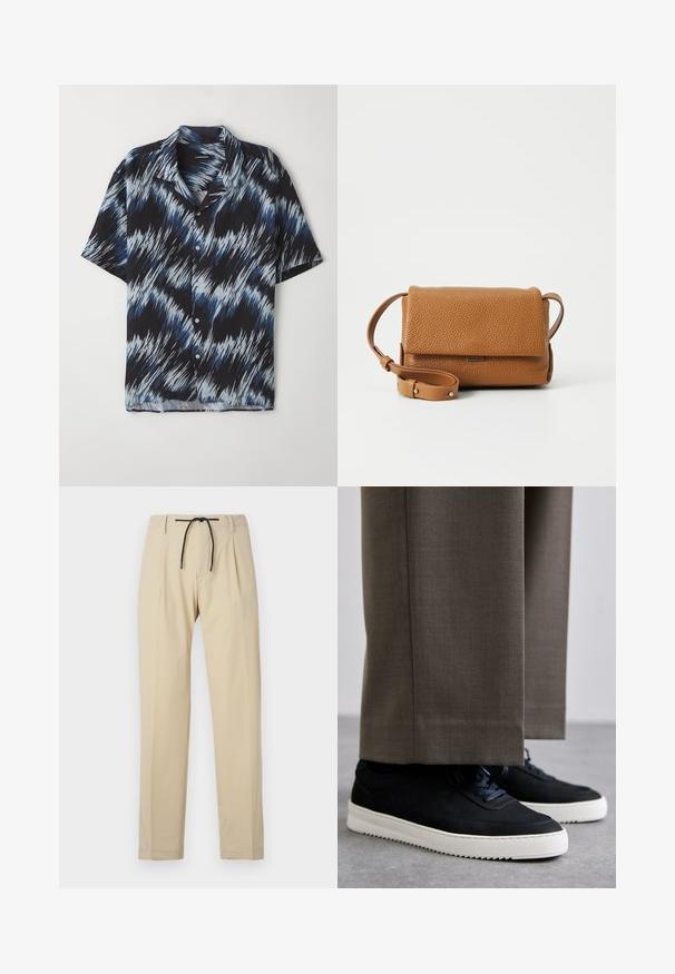 Lühikeste varrukatega särk, mis on valmistatud kerge kangaga, millel on sinine ja must sirgjoonekujuline muster, nööpide eesmine osa ja terav krae.; Beezid püksid sirge lõikega, millel on nööriga vöökoht, volditud esikülg ja sile tekstuur. Lihtne ja mitmekesine disain.; Mustad suleed sneakers valge kummist tallaga, ümarate varvaste ja paeltega, kantud hallide ülikonna pükste kõrval.; Pruun nahast käekott tekstuuriga viimistlusega, ristküliku kujuga, volditava klapi, reguleeritava rihma ja metallist sulgemise detailiga.