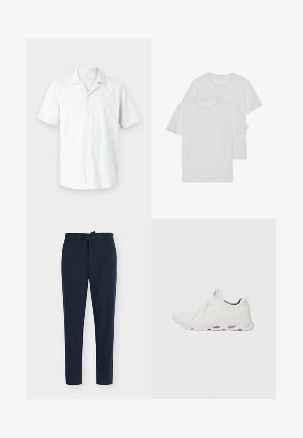 Kortermet, lys grå knappet skjorte laget av en linblanding, med camp krage og seks knapper foran, jevn tekstur.; To hvite t-skjorter i bomull med rund hals, korte ermer og en myk tekstur. Begge har en ensfarget stil uten synlige mønstre eller detaljer.; Marineblå bukser laget av glatt stoff med snor i livet, med vertikalt stripemønster og innsnevret bendesign.; Hvite atletiske sko med et teksturert strikket overdel, flate snører og en polstret såle med synlige luftkamre for ekstra støtte.