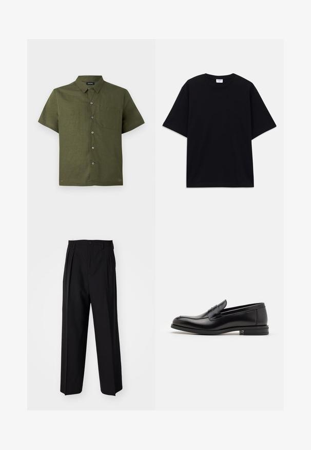 Kurzarmhemd in dunkelolivgrün, aus strukturiertem Stoff; hat eine Knopfleiste und eine einzelne Brusttasche.; Schwarzes, oversized T-Shirt mit kurzen Ärmeln und rundem Ausschnitt, mit sichtbarem Filippa K Markenlabel im Kragen.; Schwarze, plissierte Hose mit geradem, weitem Bein. Hergestellt aus glattem Stoff, mit Knopfverschluss und Gürtelschlaufen.; Schwarze Lederloafers mit glatter Textur, rundem Zehenbereich und einem dekorativen Riemen über dem Vorderfuß. Niedriger, gestapelter Absatz, minimalistisches Design.