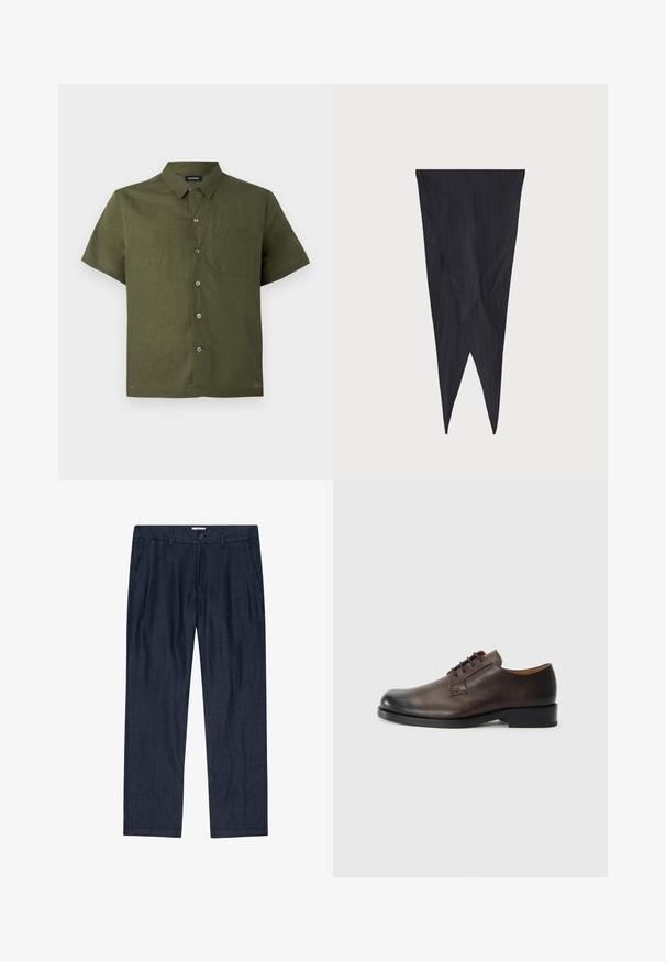 Kortærmet skjorte i mørk olivengrøn, lavet af tekstureret stof; har knaplukning foran og en enkelt brystlomme.; Mørkeblå, løstsiddende bukser lavet af et struktureret stof med knaplukning og sidelommer; lige ben-design med en blød finish.; Brun lædersko med rund tå, lav hæl, snørebåndsdesign og glat overflade. Har minimal syning og en poleret finish.; Mørkeblå stribet stof, tætsiddende design, forlænget form med spidse ender, glat tekstur med lodrette striber, ingen synlige hardware.