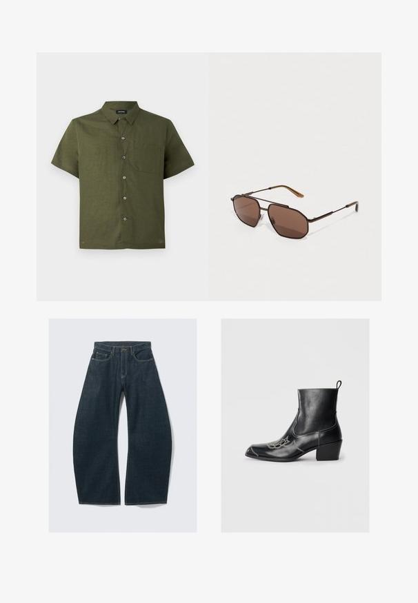 Kortærmet skjorte i mørk olivengrøn, lavet af tekstureret stof; har knaplukning foran og en enkelt brystlomme.; Mørkeblå vidde jeans lavet af denim med fem lommer, synlige sømme, knaplukning og en ren finish.; Sorte læderankelstøvler med firkantet tå, dekorativ stikning og en lav blokhæl. Har en træksløjfe for nem påtagning.; Brune oktagonale solbriller med en tynd sort metalramme, akcentueret af brune stænger. Mørkt tonede linser giver UV-beskyttelse.